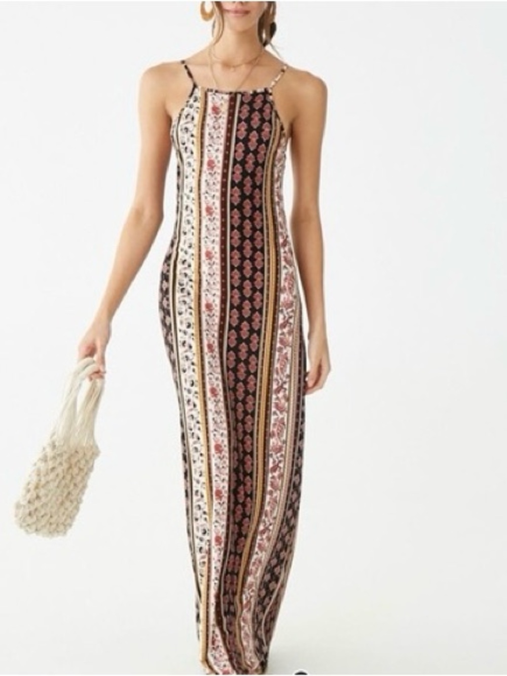 Forever 21 Striped Floral Maxi Dress in Black, Cream, Pink and Tan